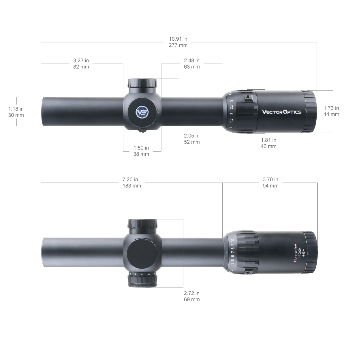 SCOC-35 Constantine 1-10x24 Riflescope Fiber Dot Reticle Dimensions