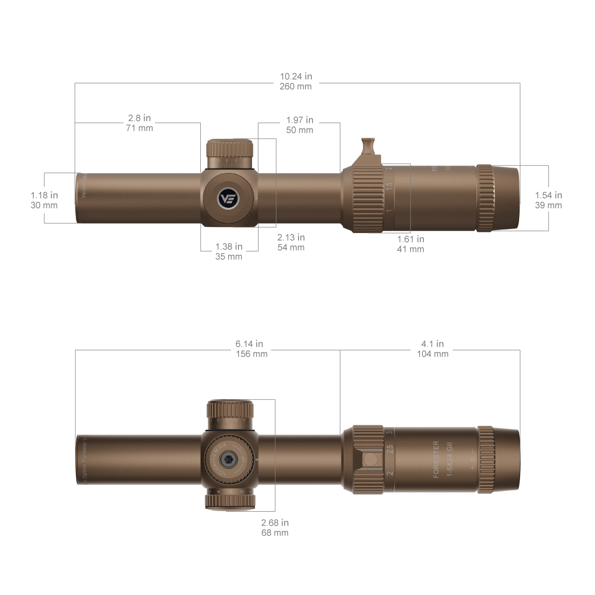 SCOC-32 Forester 1-5x24 GenII Coyote FDE Dimensions