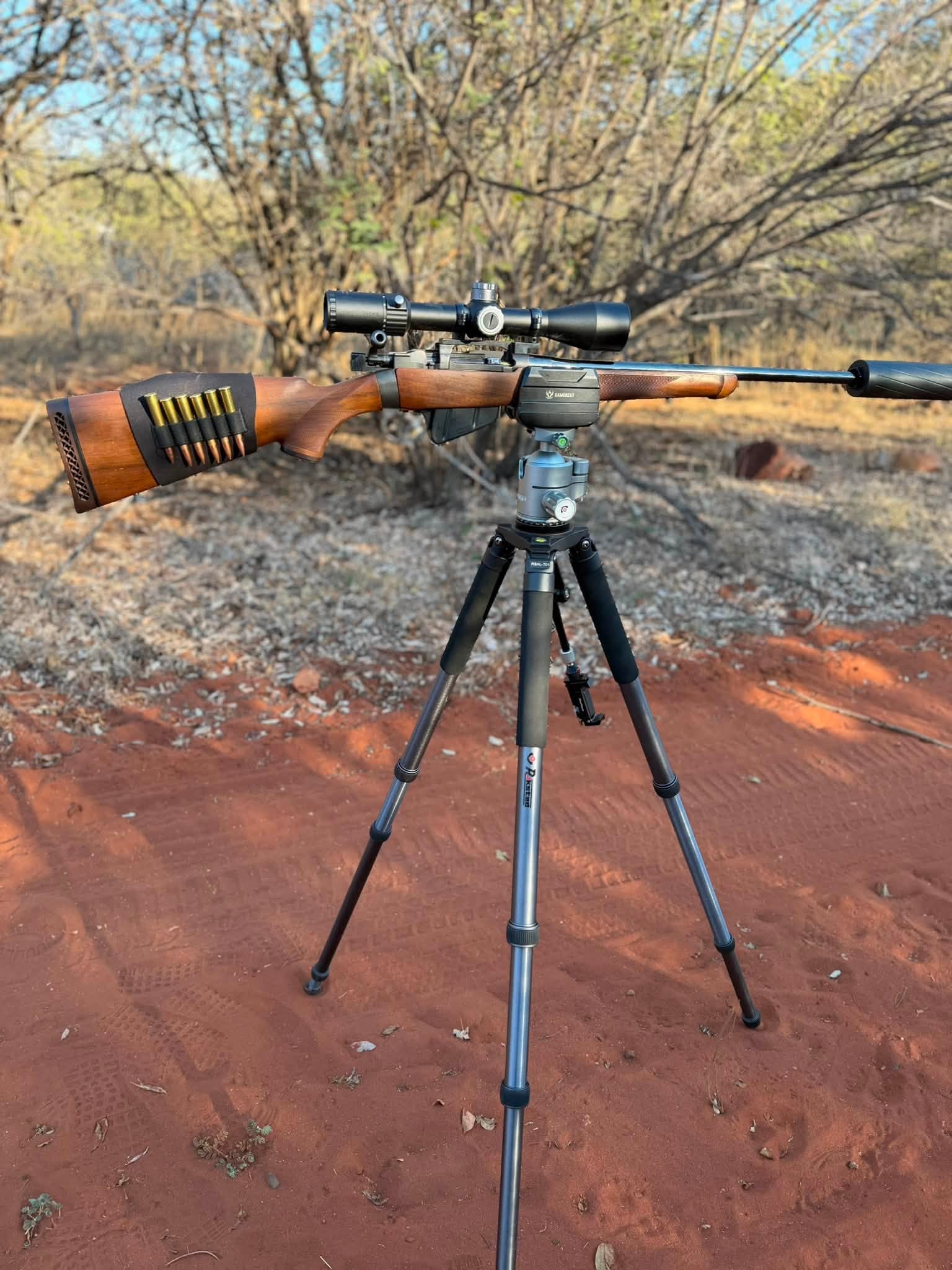 Rifle locked into the RokStad FLA Aluminum Shooting Tripod (RSAL-T01) with RoKstad 55mm Quick Stop Ball Head (RSRH-03)