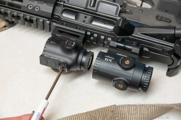 Adjusting the reticle in the prism, note similar adjustment screws on magnifier