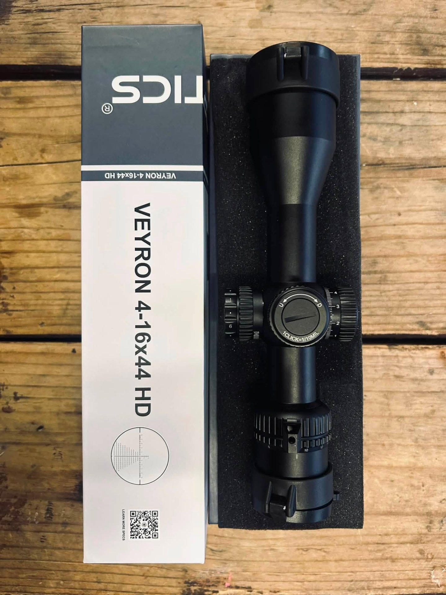 The Veyron GenII 4-16x44 HD CTR FFP Rifle Scope in its packaging with the turrets visible The Veyron GenII 4-16x44 HD CTR FFP Rifle Scope in its packaging with the turrets visible