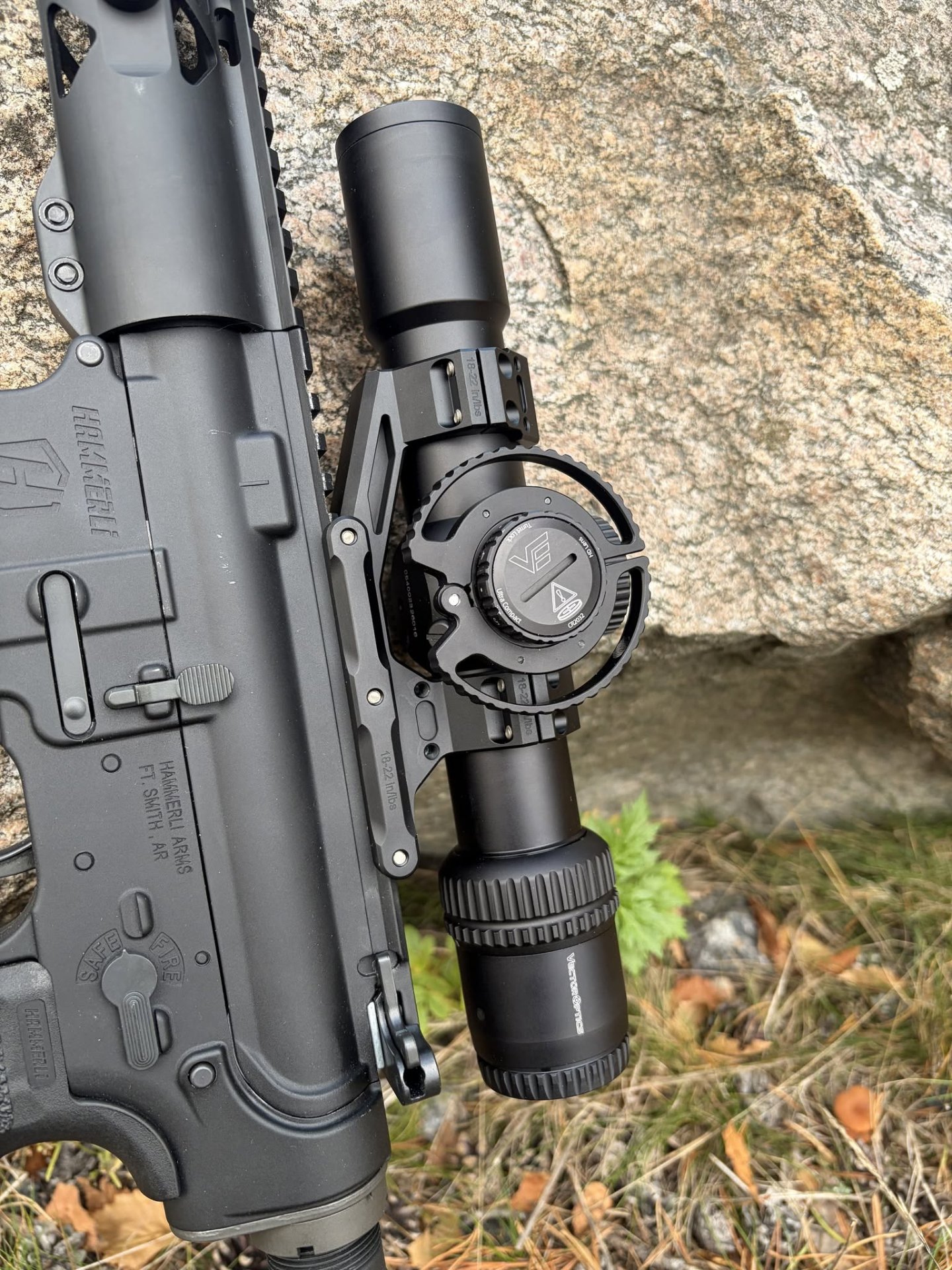 Veyron GenII 2-10x32 HD CTR rifle scope with throw lever on its cantilever mount